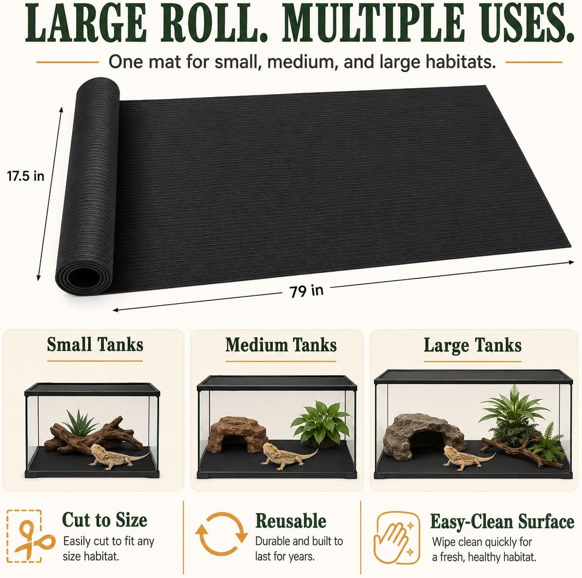 Arbitrary Cutting Terrarium Reptile Carpet, Reptile Mat, Bearded Dragon Tank Accessories Flooring, Bearded Dragon, Leopard Gecko Substrate, Snake,Tortoise Bedding Black 17.5“× 79”