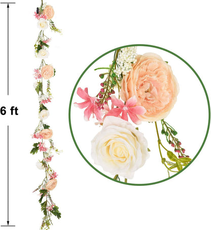 2 Pack Artificial Peony Flower Garland - 6ft Silk Peony Pink Flower Garland for Wedding Party Table Decoration (2, Pink)