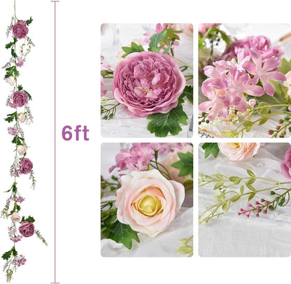 2 Pack Artificial Peony Flower Garland - 6ft Silk Peony Pink Flower Garland for Wedding Party Table Decoration (2, Pink)