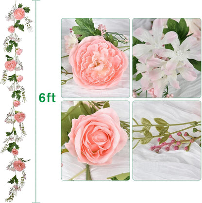 2 Pack Artificial Peony Flower Garland - 6ft Silk Peony Pink Flower Garland for Wedding Party Table Decoration (2, Pink)