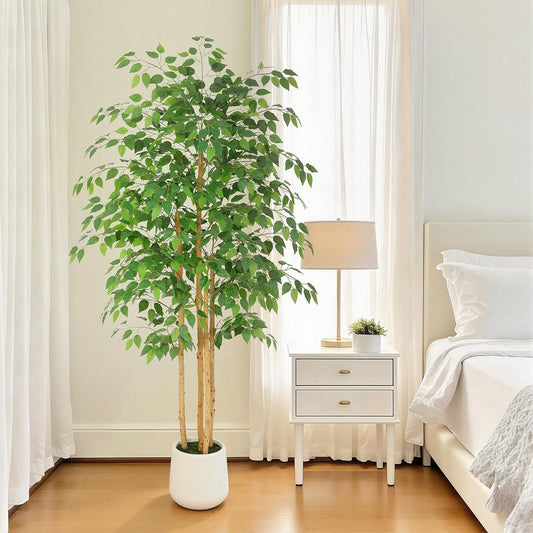 6ft Artificial Ficus Tree with White Decorative Planter & Multiple Real Wood Trunks, 72in Fake Ficus Tree with Lifelike Leaves, Faux Ficus Tree for Living Room Bedroom Office Decor