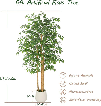 6ft Artificial Ficus Tree with White Decorative Planter & Multiple Real Wood Trunks, 72in Fake Ficus Tree with Lifelike Leaves, Faux Ficus Tree for Living Room Bedroom Office Decor