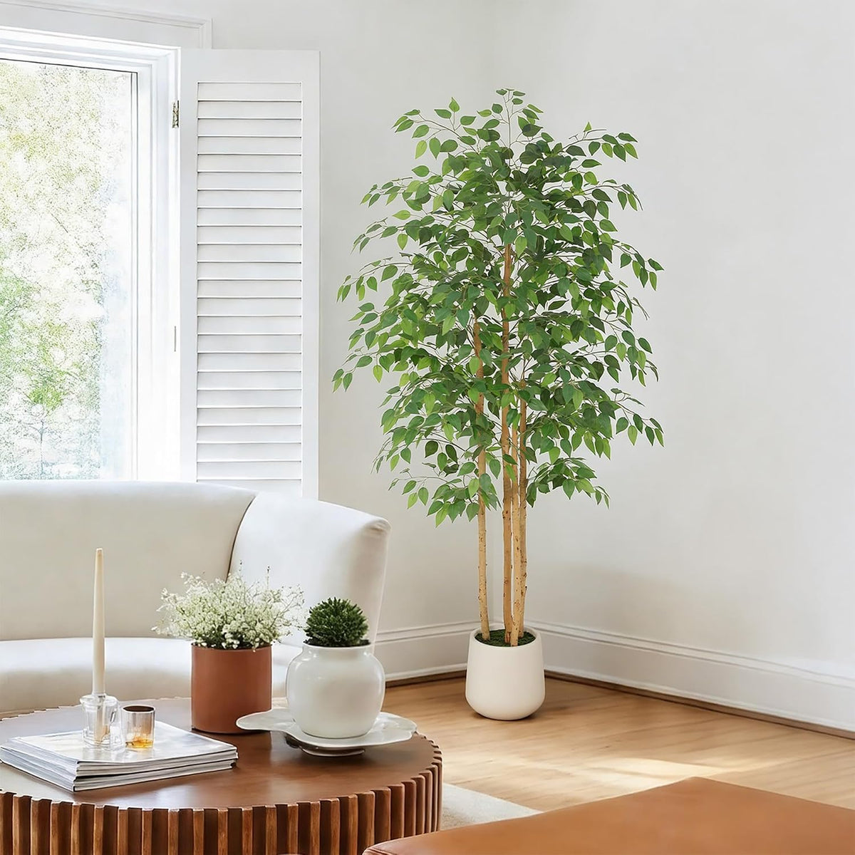 6ft Artificial Ficus Tree with White Decorative Planter & Multiple Real Wood Trunks, 72in Fake Ficus Tree with Lifelike Leaves, Faux Ficus Tree for Living Room Bedroom Office Decor