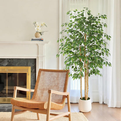 6ft Artificial Ficus Tree with White Decorative Planter & Multiple Real Wood Trunks, 72in Fake Ficus Tree with Lifelike Leaves, Faux Ficus Tree for Living Room Bedroom Office Decor