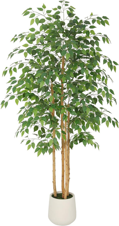6ft Artificial Ficus Tree with White Decorative Planter & Multiple Real Wood Trunks, 72in Fake Ficus Tree with Lifelike Leaves, Faux Ficus Tree for Living Room Bedroom Office Decor