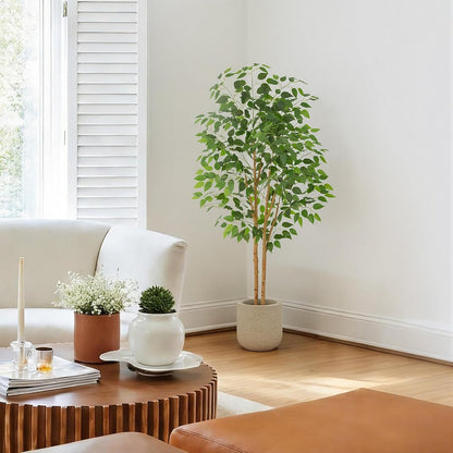 6ft Artificial Ficus Tree with White Decorative Planter & Multiple Real Wood Trunks, 72in Fake Ficus Tree with Lifelike Leaves, Faux Ficus Tree for Living Room Bedroom Office Decor