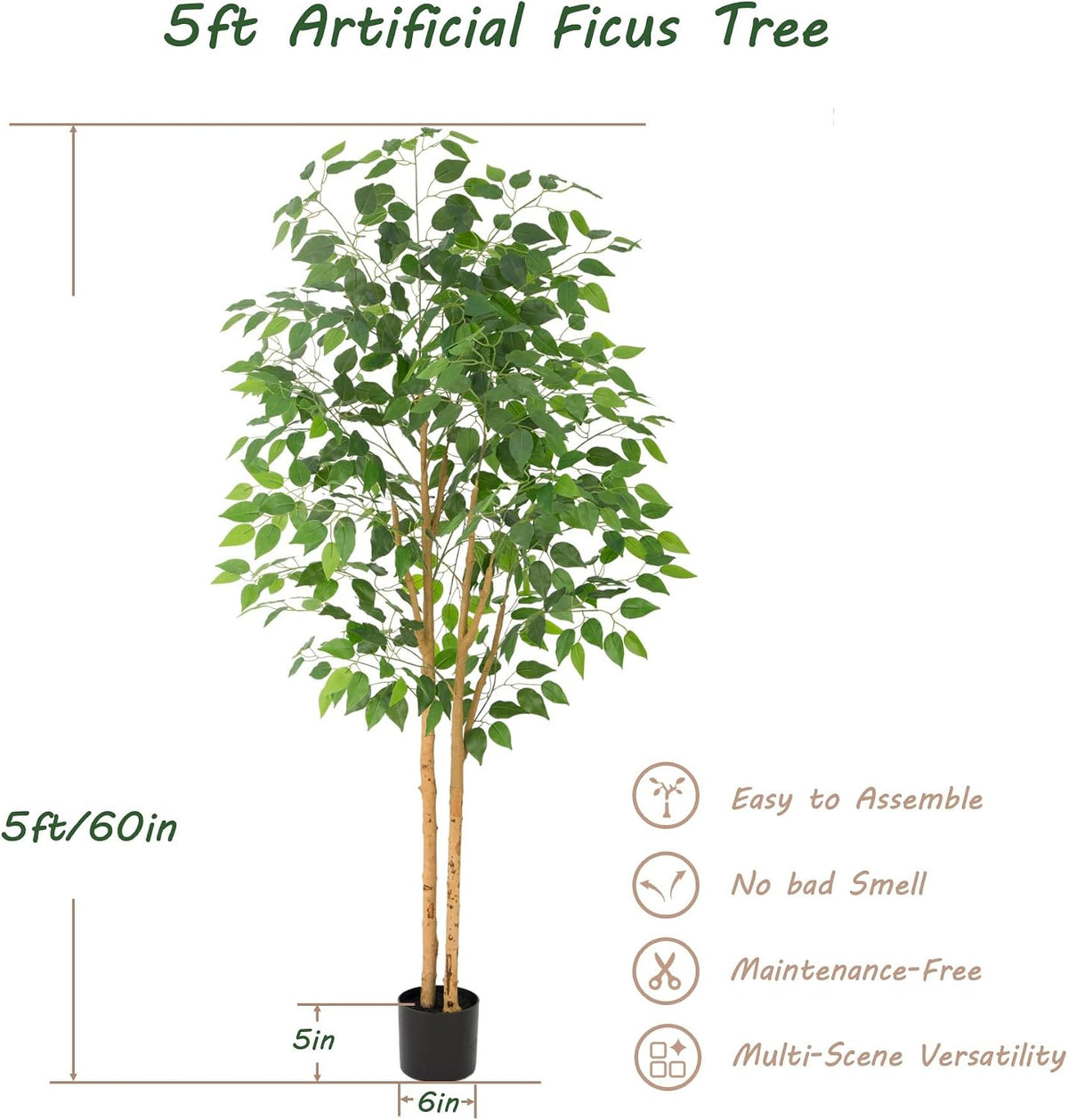 6ft Artificial Ficus Tree with White Decorative Planter & Multiple Real Wood Trunks, 72in Fake Ficus Tree with Lifelike Leaves, Faux Ficus Tree for Living Room Bedroom Office Decor