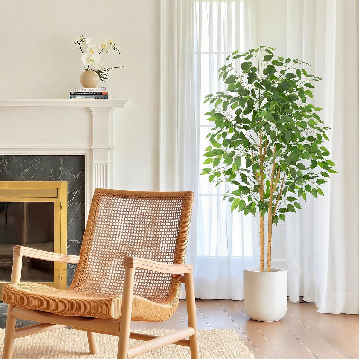 6ft Artificial Ficus Tree with White Decorative Planter & Multiple Real Wood Trunks, 72in Fake Ficus Tree with Lifelike Leaves, Faux Ficus Tree for Living Room Bedroom Office Decor