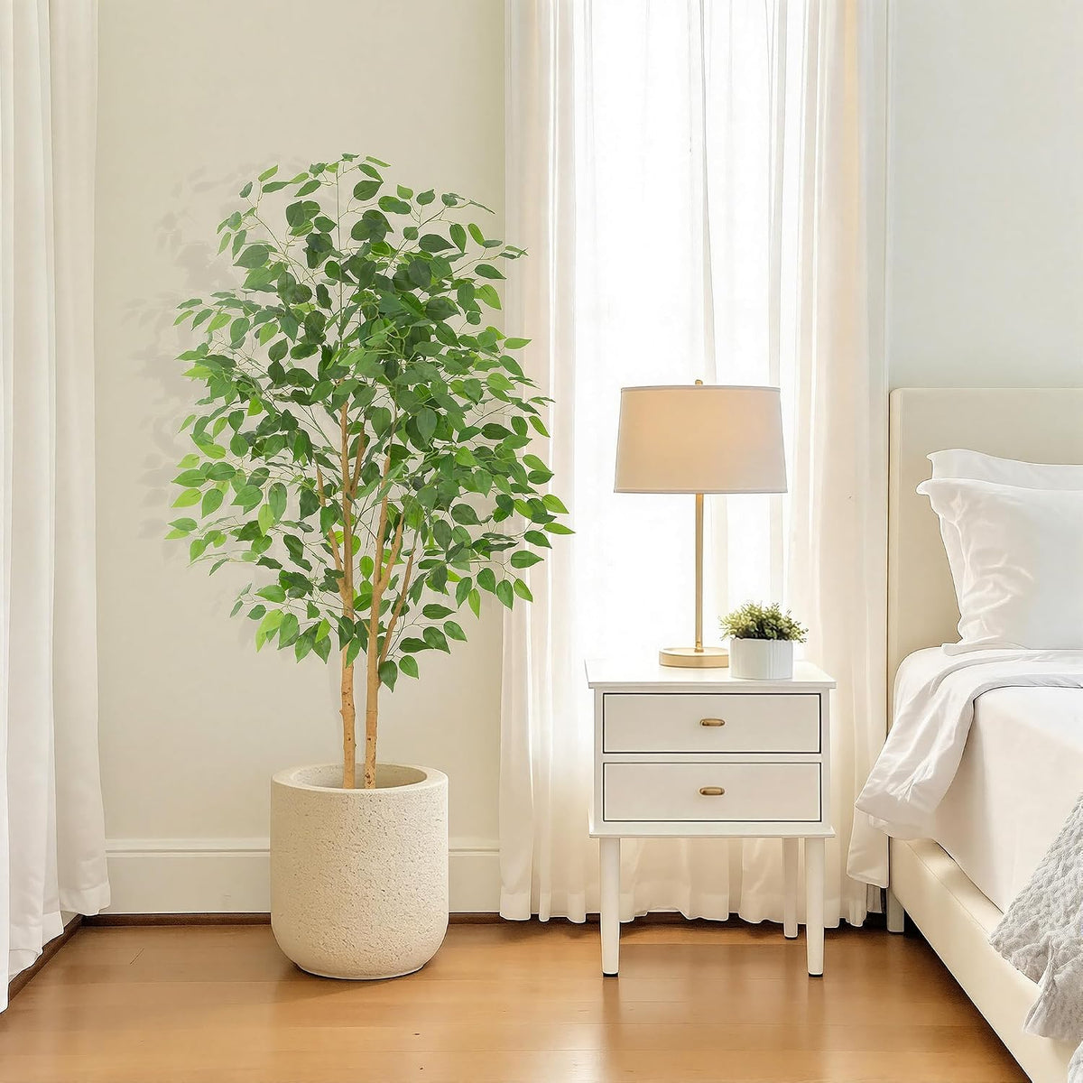 6ft Artificial Ficus Tree with White Decorative Planter & Multiple Real Wood Trunks, 72in Fake Ficus Tree with Lifelike Leaves, Faux Ficus Tree for Living Room Bedroom Office Decor
