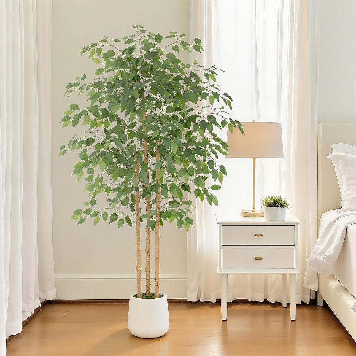 6ft Artificial Ficus Tree with White Decorative Planter & Multiple Real Wood Trunks, 72in Fake Ficus Tree with Lifelike Leaves, Faux Ficus Tree for Living Room Bedroom Office Decor