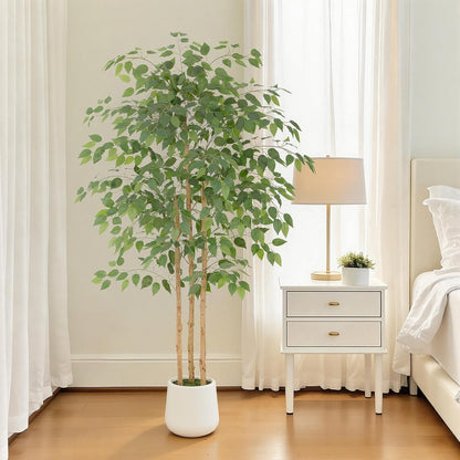 6ft Artificial Ficus Tree with White Decorative Planter & Multiple Real Wood Trunks, 72in Fake Ficus Tree with Lifelike Leaves, Faux Ficus Tree for Living Room Bedroom Office Decor
