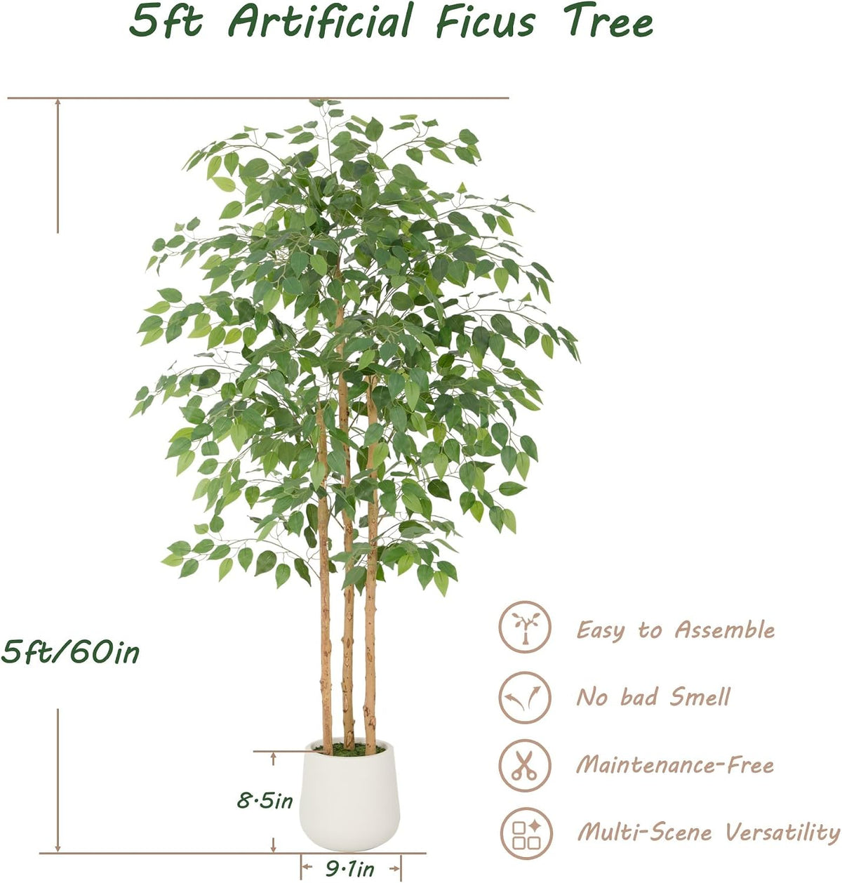 6ft Artificial Ficus Tree with White Decorative Planter & Multiple Real Wood Trunks, 72in Fake Ficus Tree with Lifelike Leaves, Faux Ficus Tree for Living Room Bedroom Office Decor