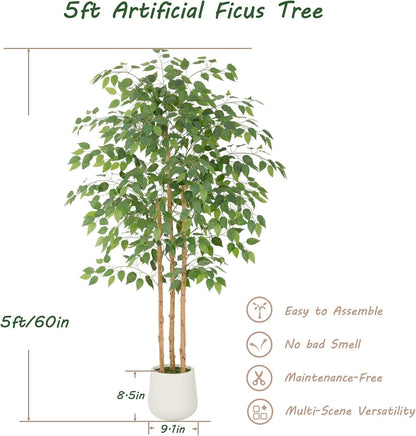 6ft Artificial Ficus Tree with White Decorative Planter & Multiple Real Wood Trunks, 72in Fake Ficus Tree with Lifelike Leaves, Faux Ficus Tree for Living Room Bedroom Office Decor