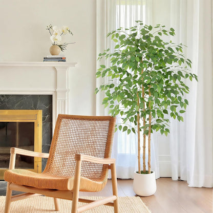 6ft Artificial Ficus Tree with White Decorative Planter & Multiple Real Wood Trunks, 72in Fake Ficus Tree with Lifelike Leaves, Faux Ficus Tree for Living Room Bedroom Office Decor
