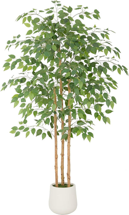 6ft Artificial Ficus Tree with White Decorative Planter & Multiple Real Wood Trunks, 72in Fake Ficus Tree with Lifelike Leaves, Faux Ficus Tree for Living Room Bedroom Office Decor