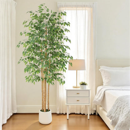 6ft Artificial Ficus Tree with White Decorative Planter & Multiple Real Wood Trunks, 72in Fake Ficus Tree with Lifelike Leaves, Faux Ficus Tree for Living Room Bedroom Office Decor