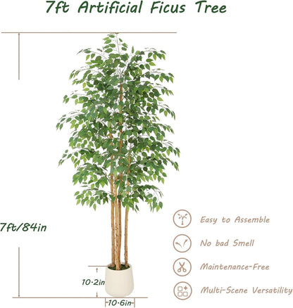 6ft Artificial Ficus Tree with White Decorative Planter & Multiple Real Wood Trunks, 72in Fake Ficus Tree with Lifelike Leaves, Faux Ficus Tree for Living Room Bedroom Office Decor