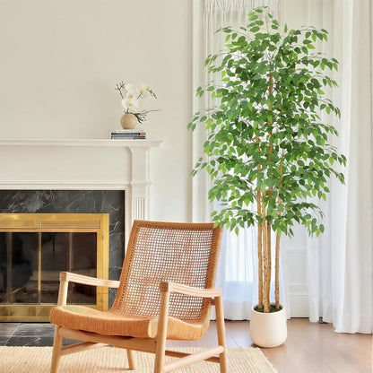 6ft Artificial Ficus Tree with White Decorative Planter & Multiple Real Wood Trunks, 72in Fake Ficus Tree with Lifelike Leaves, Faux Ficus Tree for Living Room Bedroom Office Decor