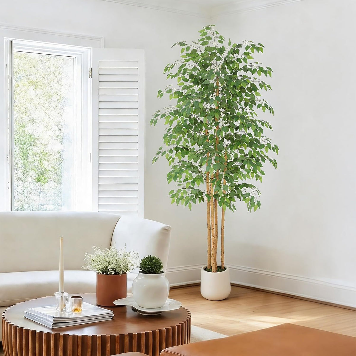 6ft Artificial Ficus Tree with White Decorative Planter & Multiple Real Wood Trunks, 72in Fake Ficus Tree with Lifelike Leaves, Faux Ficus Tree for Living Room Bedroom Office Decor