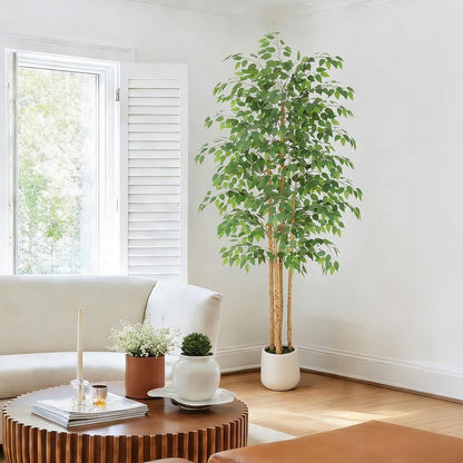 6ft Artificial Ficus Tree with White Decorative Planter & Multiple Real Wood Trunks, 72in Fake Ficus Tree with Lifelike Leaves, Faux Ficus Tree for Living Room Bedroom Office Decor