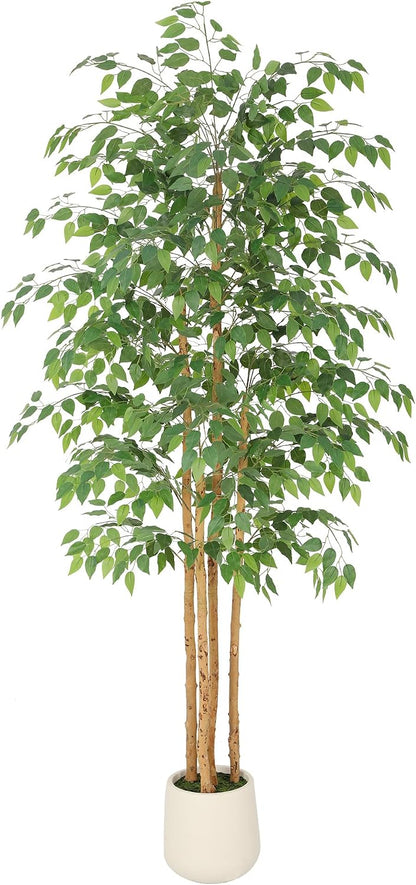 6ft Artificial Ficus Tree with White Decorative Planter & Multiple Real Wood Trunks, 72in Fake Ficus Tree with Lifelike Leaves, Faux Ficus Tree for Living Room Bedroom Office Decor