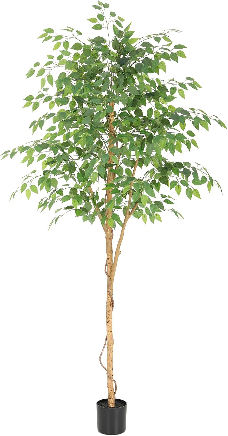 6ft Artificial Ficus Tree with White Decorative Planter & Multiple Real Wood Trunks, 72in Fake Ficus Tree with Lifelike Leaves, Faux Ficus Tree for Living Room Bedroom Office Decor