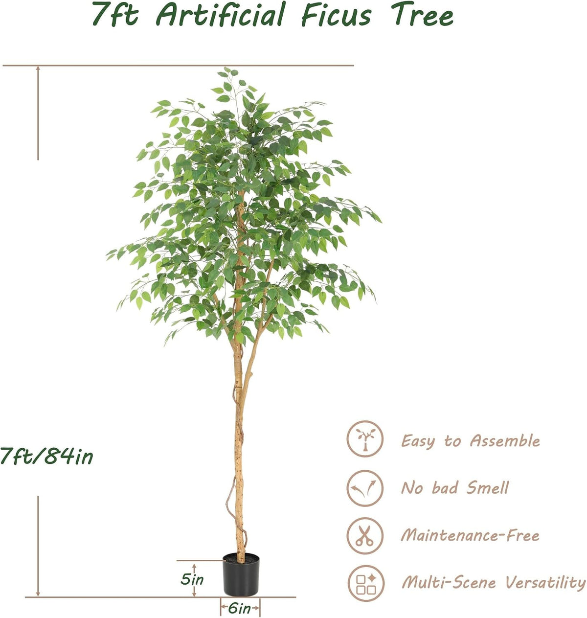 6ft Artificial Ficus Tree with White Decorative Planter & Multiple Real Wood Trunks, 72in Fake Ficus Tree with Lifelike Leaves, Faux Ficus Tree for Living Room Bedroom Office Decor