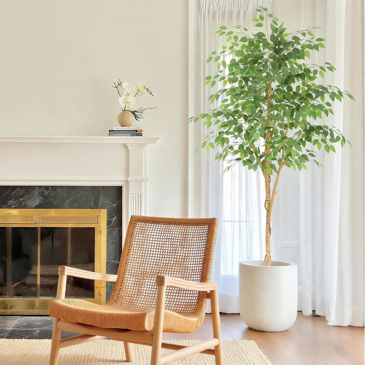 6ft Artificial Ficus Tree with White Decorative Planter & Multiple Real Wood Trunks, 72in Fake Ficus Tree with Lifelike Leaves, Faux Ficus Tree for Living Room Bedroom Office Decor