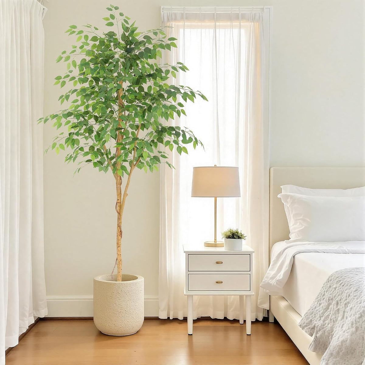 6ft Artificial Ficus Tree with White Decorative Planter & Multiple Real Wood Trunks, 72in Fake Ficus Tree with Lifelike Leaves, Faux Ficus Tree for Living Room Bedroom Office Decor