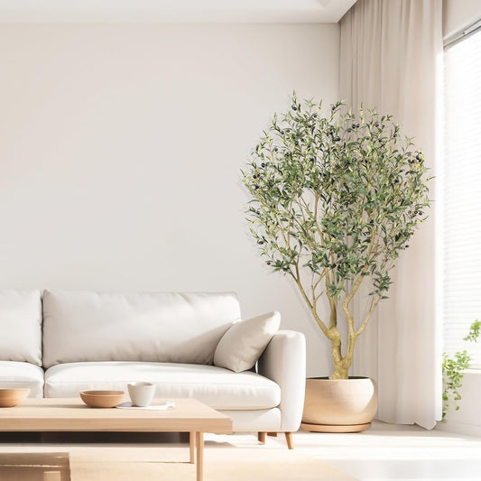 Large Artificial Olive Tree 8ft with Thick Trunk & Realistic Leaves | Tall Faux Olive Tree with Full Dense, Natural Look, Sturdy Base - Fake Olive Tree for Modern Home Office Living Room Decor
