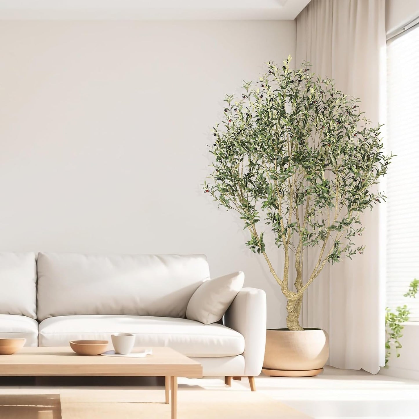 Large Artificial Olive Tree 8ft with Thick Trunk & Realistic Leaves | Tall Faux Olive Tree with Full Dense, Natural Look, Sturdy Base - Fake Olive Tree for Modern Home Office Living Room Decor