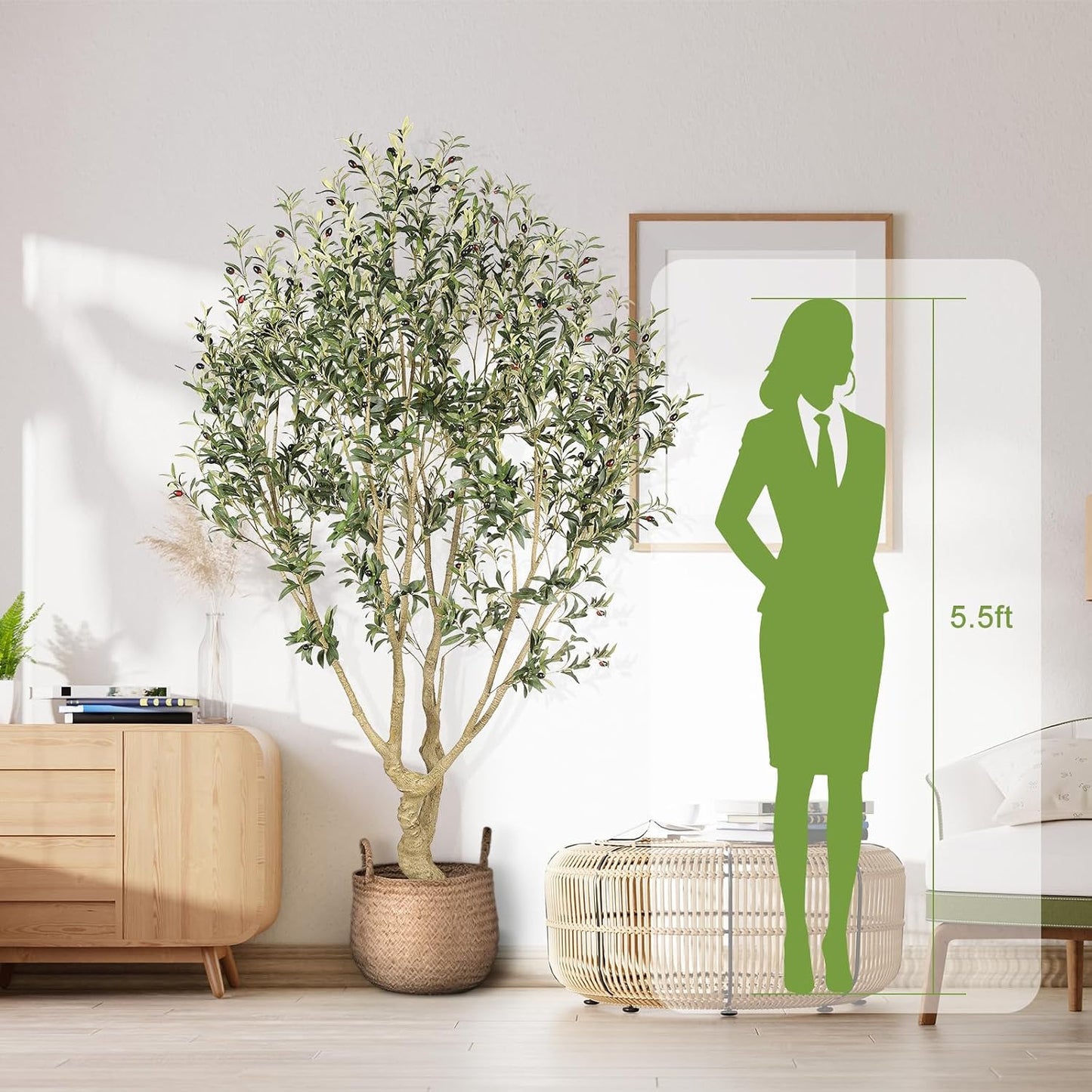 Large Artificial Olive Tree 8ft with Thick Trunk & Realistic Leaves | Tall Faux Olive Tree with Full Dense, Natural Look, Sturdy Base - Fake Olive Tree for Modern Home Office Living Room Decor
