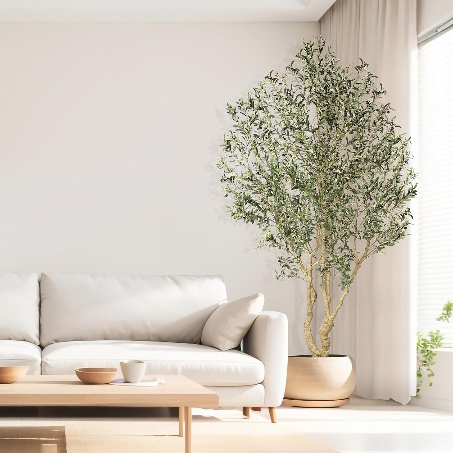 Large Artificial Olive Tree 8ft with Thick Trunk & Realistic Leaves | Tall Faux Olive Tree with Full Dense, Natural Look, Sturdy Base - Fake Olive Tree for Modern Home Office Living Room Decor