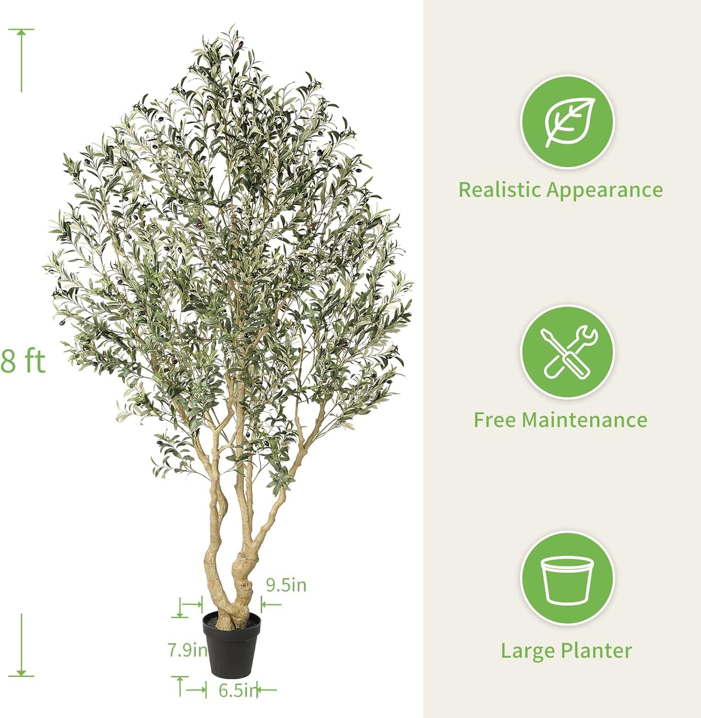Large Artificial Olive Tree 8ft with Thick Trunk & Realistic Leaves | Tall Faux Olive Tree with Full Dense, Natural Look, Sturdy Base - Fake Olive Tree for Modern Home Office Living Room Decor