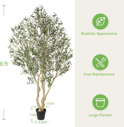 Large Artificial Olive Tree 8ft with Thick Trunk & Realistic Leaves | Tall Faux Olive Tree with Full Dense, Natural Look, Sturdy Base - Fake Olive Tree for Modern Home Office Living Room Decor
