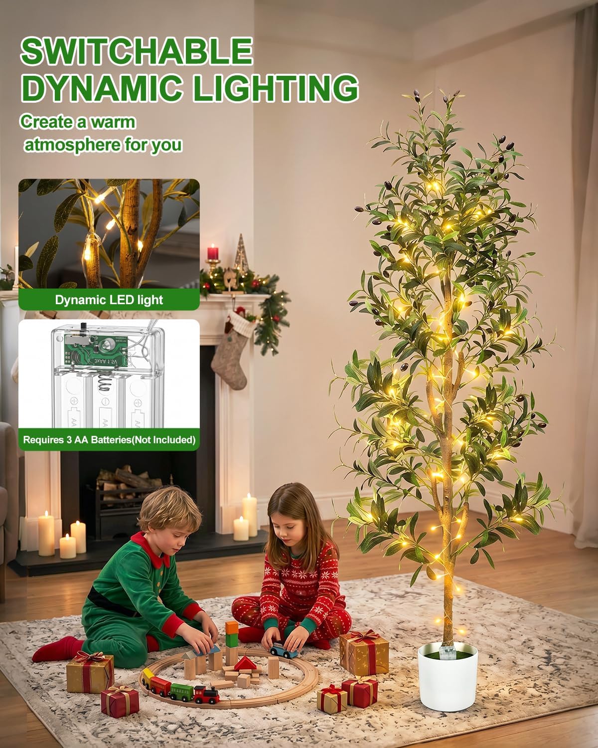 Olive Trees Artificial Indoor 6Ft Tall Faux Plants Large Fake Olivos Tree | Dynamic Lighted Decor,With White Planter & Woven Basket,Realistic Branches and Fruits For Home Hotel Lobbies Office
