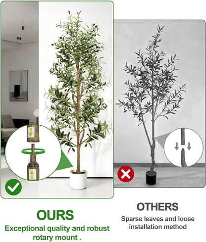 Olive Trees Artificial Indoor 6Ft Tall Faux Plants Large Fake Olivos Tree | Dynamic Lighted Decor,With White Planter & Woven Basket,Realistic Branches and Fruits For Home Hotel Lobbies Office