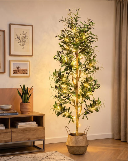 Olive Trees Artificial Indoor 6Ft Tall Faux Plants Large Fake Olivos Tree | Dynamic Lighted Decor,With White Planter & Woven Basket,Realistic Branches and Fruits For Home Hotel Lobbies Office