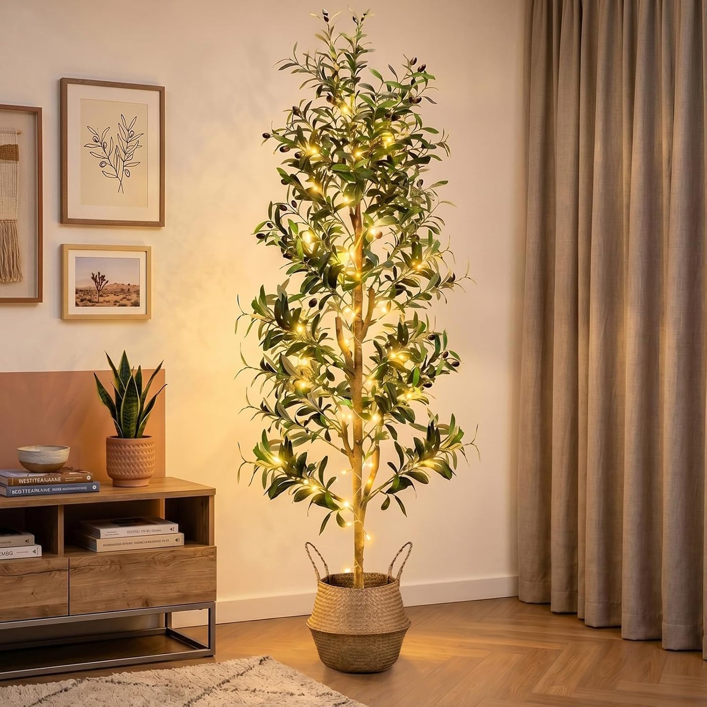 Olive Trees Artificial Indoor 6Ft Tall Faux Plants Large Fake Olivos Tree | Dynamic Lighted Decor,With White Planter & Woven Basket,Realistic Branches and Fruits For Home Hotel Lobbies Office