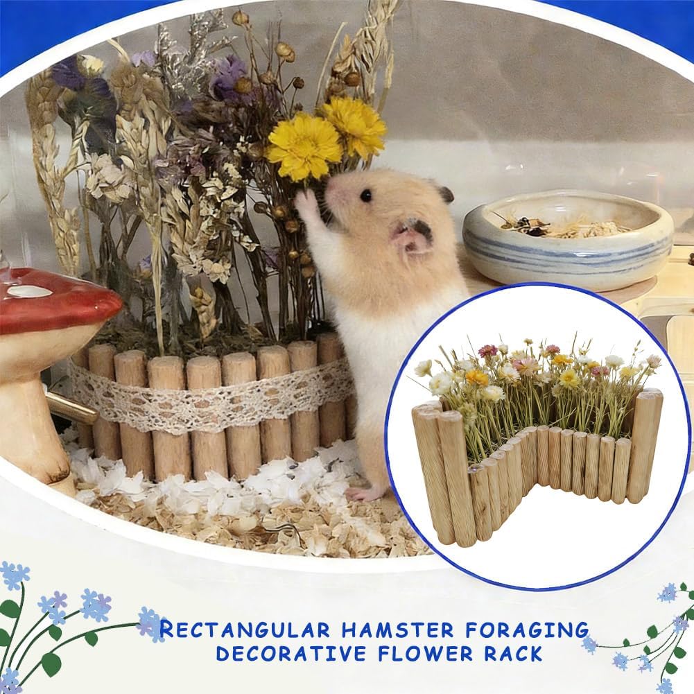 Hamster Natural Wood Flower Foraging Holder, Interactive Feeding Stand Habitat Accessories for Small Pets Hamsters Guinea Pigs Dwarf Gerbils (Yellow, 8x13.5cm)