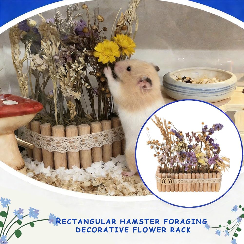 Hamster Natural Wood Flower Foraging Holder, Interactive Feeding Stand Habitat Accessories for Small Pets Hamsters Guinea Pigs Dwarf Gerbils (Yellow, 8x13.5cm)