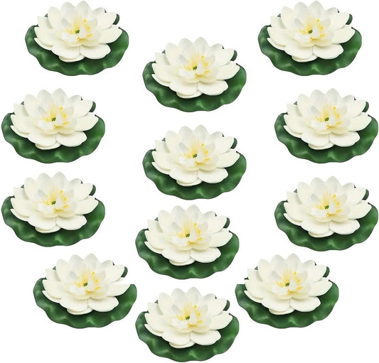 12pcs Floating Foam Lotus Flowers with Lily Pads, Artificial Pond Plants Ornaments for Pool Aquarium Water Decoration, White