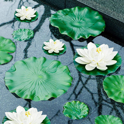 12pcs Floating Foam Lotus Flowers with Lily Pads, Artificial Pond Plants Ornaments for Pool Aquarium Water Decoration, White