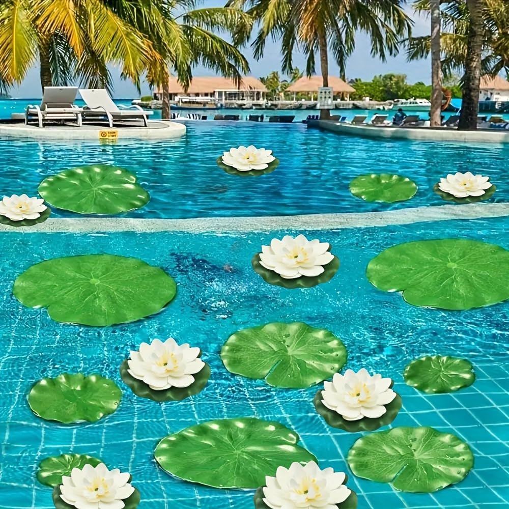 12pcs Floating Foam Lotus Flowers with Lily Pads, Artificial Pond Plants Ornaments for Pool Aquarium Water Decoration, White