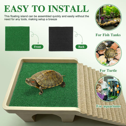 9.83" Turtle Basking Platform Artificial Grass Turf Square Mat, Non-Slip Cuttable Reptile Tank Accessory for Aquatic Turtles, Lizard, Snake, Turtle Tank Accessories & Aquarium Grass Decor
