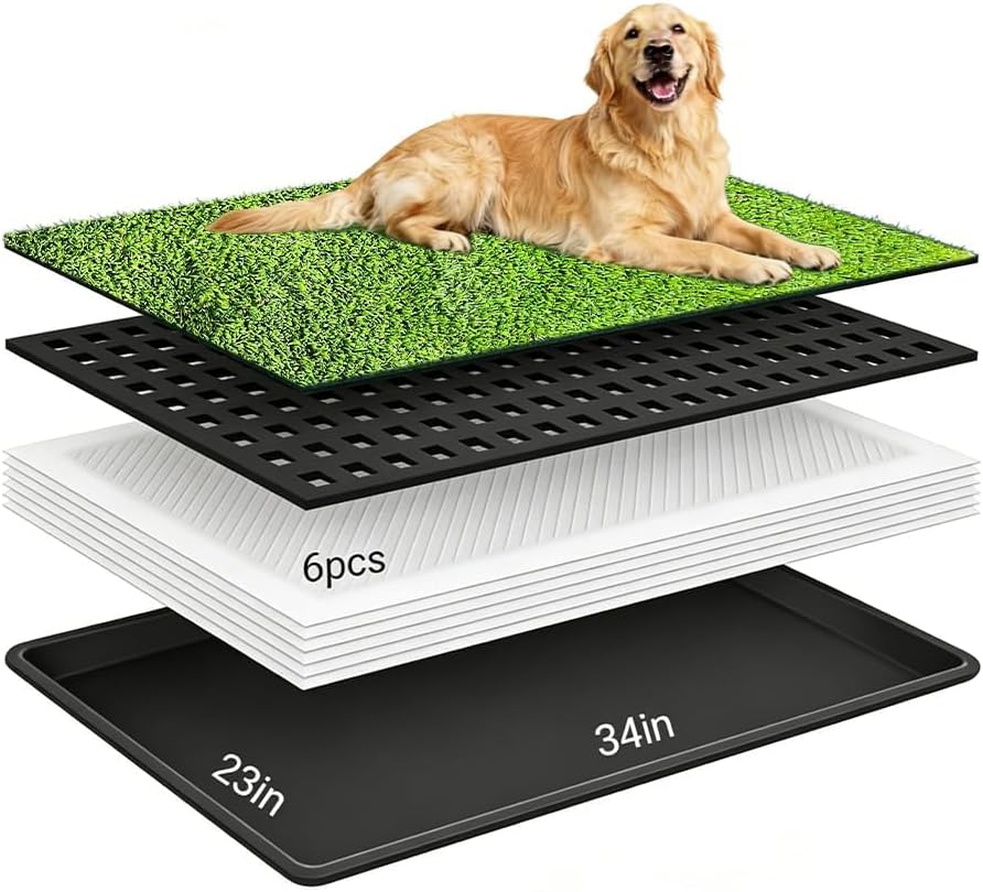 Dog Grass Pee Pad with Tray, Artificial Turf Grass, Odor Resistant, Easy Clean & Reusable, Indoor/Outdoor Puppy Potty Training, 34 x 23 Inches