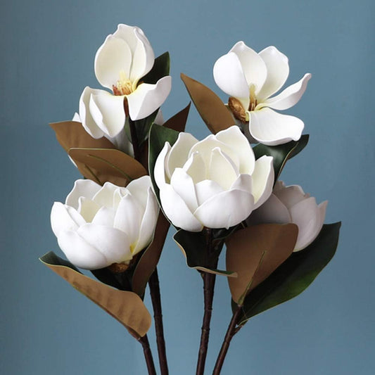 Vintage Artificial Magnolia Flower White 6 Heads,Long Stem Magnolia Bouquet with Green Leaves Arrangement for Home Office Living Room Bedroom Floor Vase Decoration