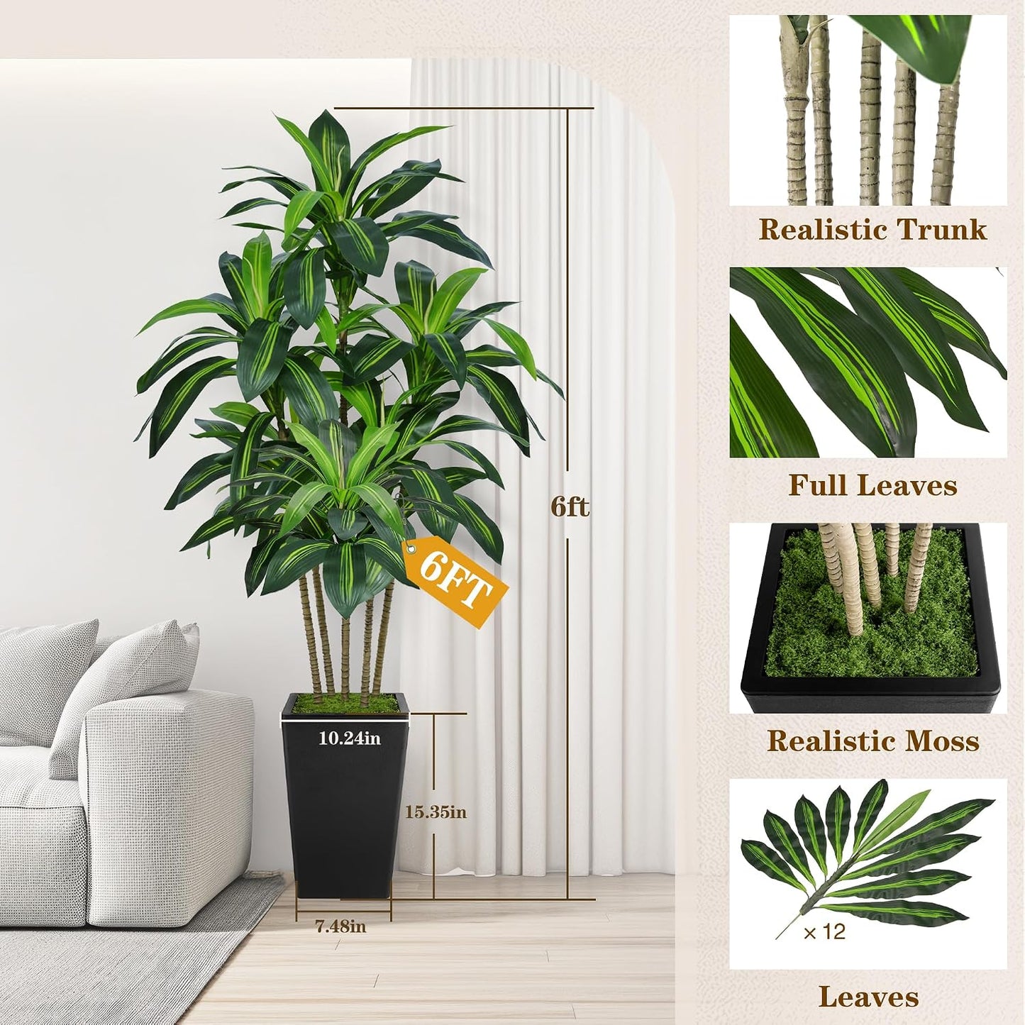 7FT Artificial Dracaena Tree, Fake Tree Indoor with White Tall Planter, Tall Artificial Plants Indoor, Artificial Silk Tree for Home Office Decor Plants Indoor Outdoor (White)
