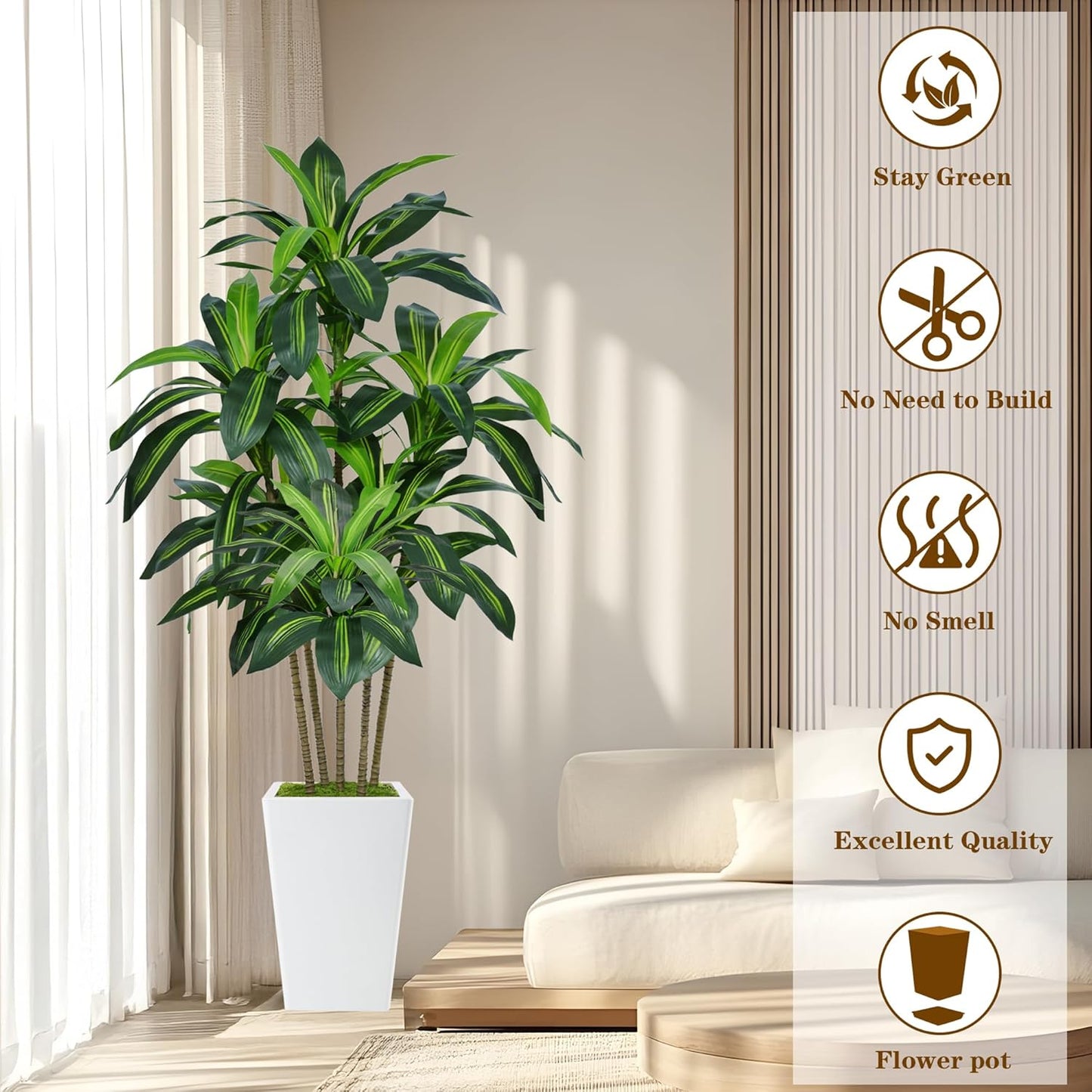 7FT Artificial Dracaena Tree, Fake Tree Indoor with White Tall Planter, Tall Artificial Plants Indoor, Artificial Silk Tree for Home Office Decor Plants Indoor Outdoor (White)