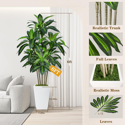 7FT Artificial Dracaena Tree, Fake Tree Indoor with White Tall Planter, Tall Artificial Plants Indoor, Artificial Silk Tree for Home Office Decor Plants Indoor Outdoor (White)